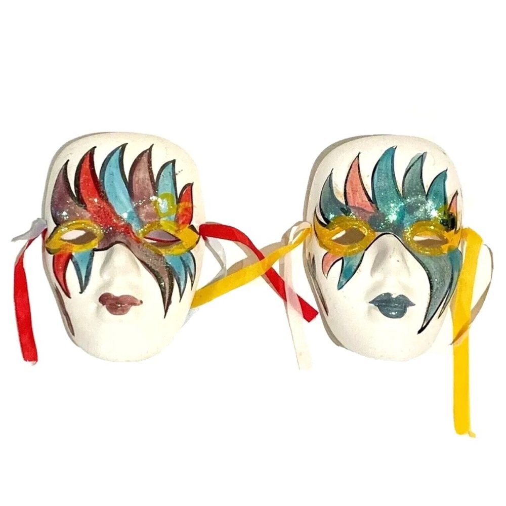 Set of 2 Ceramic Painted Small Venetian-Style Masks Sparkly Pink Blue Red Ribbon
